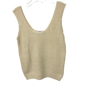 Vtg 90s Cream Waffle Knit Tank Top Scoop Neck M Ramie Cotton Gypsy Boho Coastal